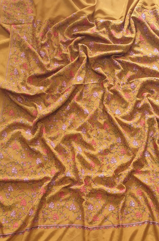 Yellow Embroidered Kashmiri Sozni Work Crepe Flower Design Saree - Luxurion World