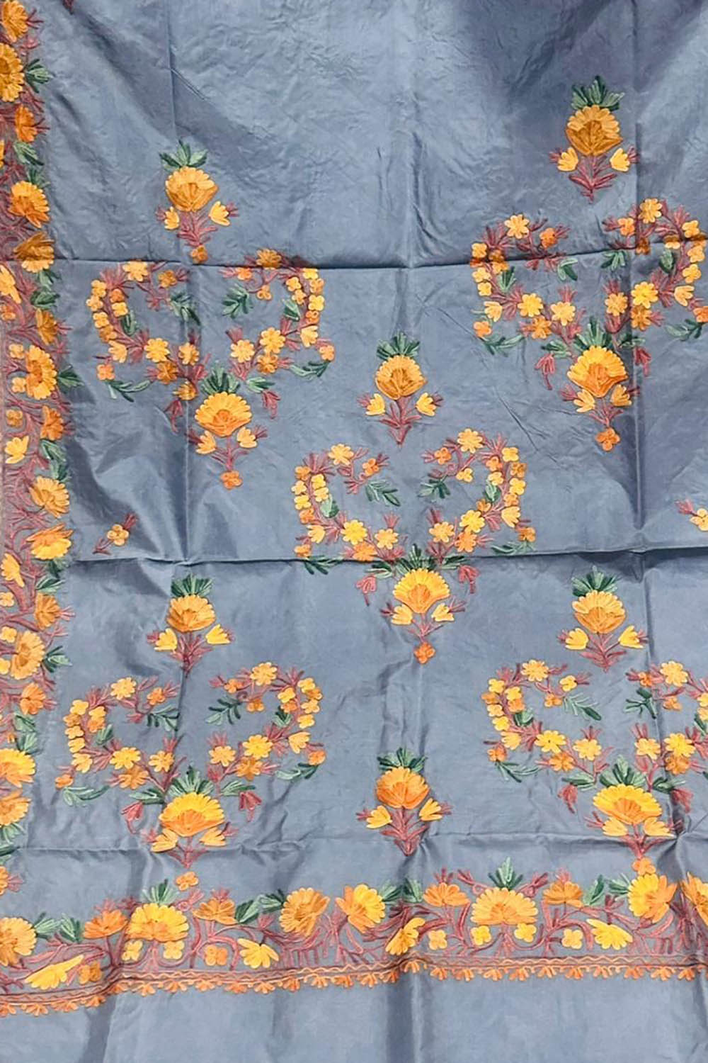 Exquisite Grey Silk Saree with Kashmiri Aari Embroidery