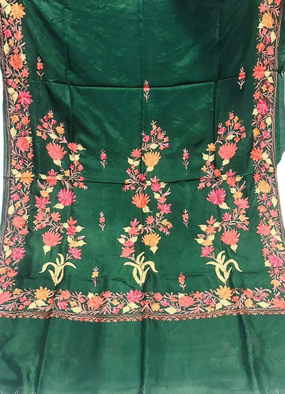 Stunning Green Silk Saree with Kashmiri Aari Embroidery - Luxurion World