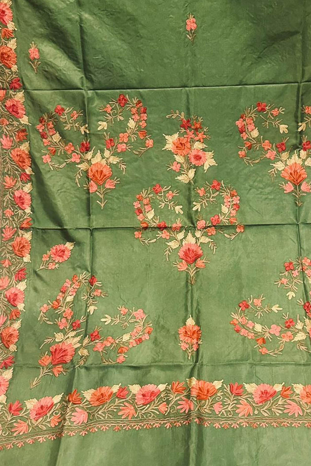 Stunning Green Kashmiri Aari Work Silk Saree with Embroidery