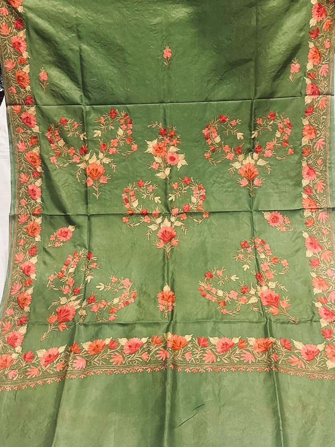 Stunning Green Kashmiri Aari Work Silk Saree with Embroidery