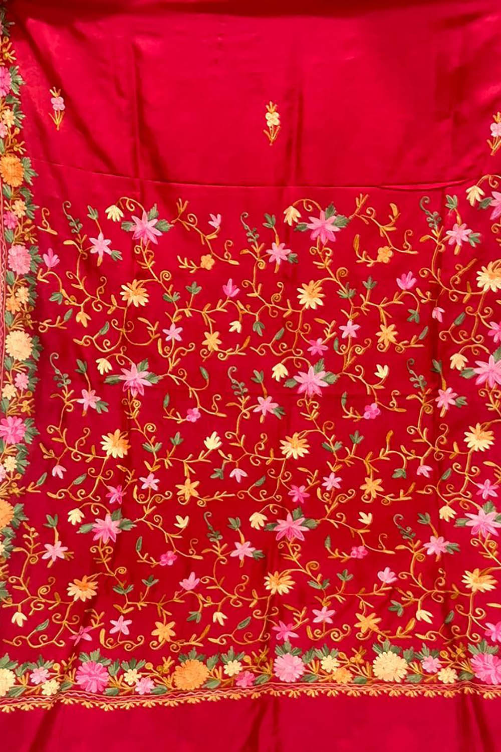 Stunning Red Silk Saree with Intricate Kashmiri Aari Embroidery