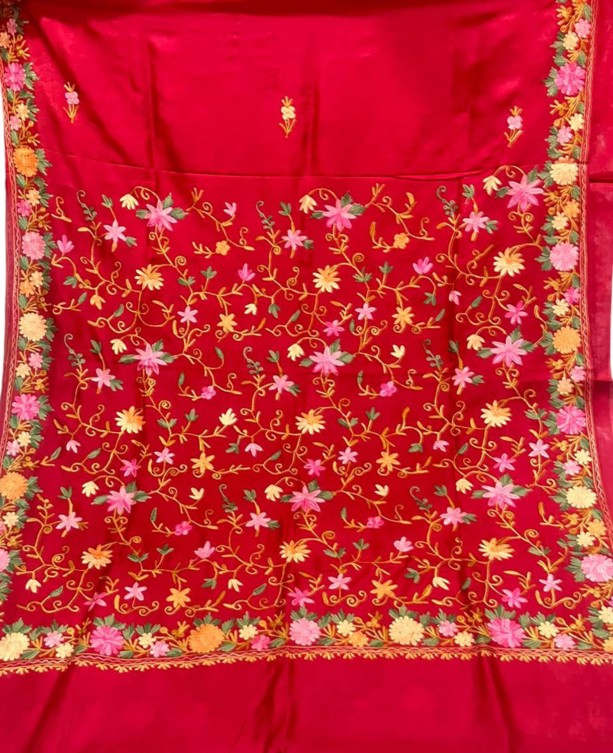Stunning Red Silk Saree with Intricate Kashmiri Aari Embroidery