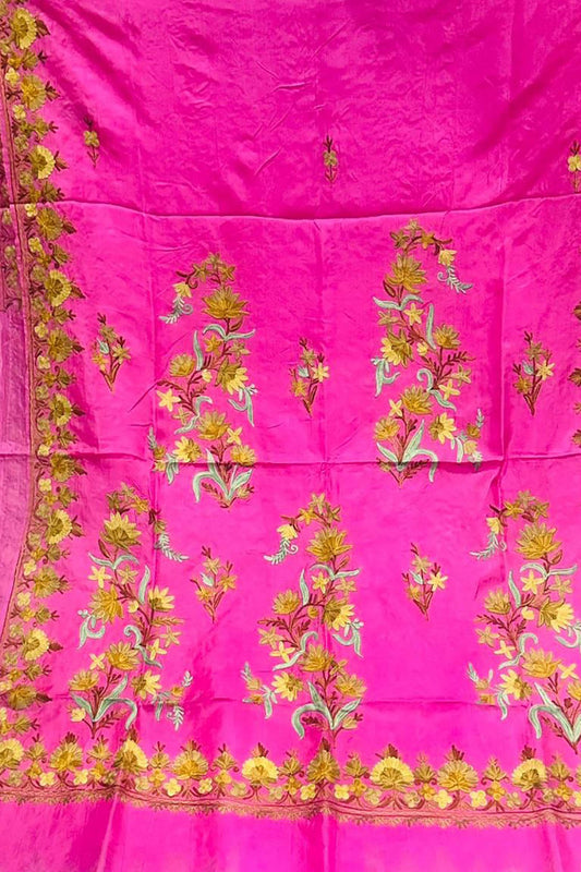Stunning Pink Silk Saree with Intricate Kashmiri Aari Embroidery - Luxurion World