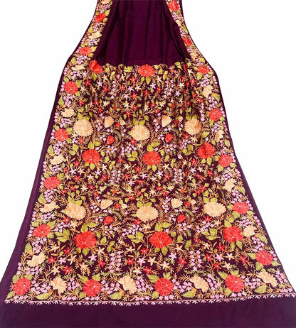 Purple Kashmiri Aari Work Silk Saree - Luxurion World