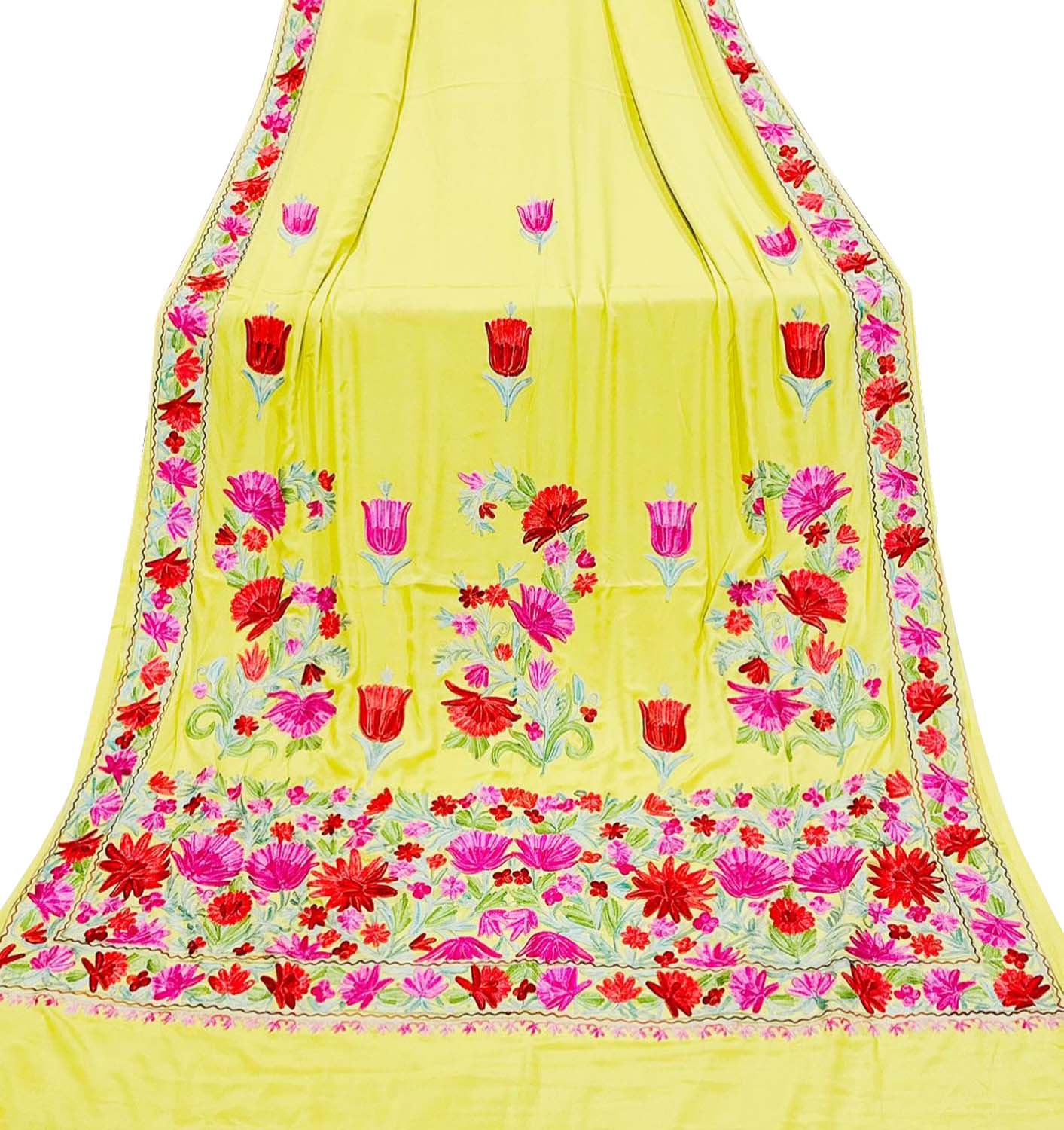 Yellow Kashmiri Embroidered Aari Work Crepe Saree