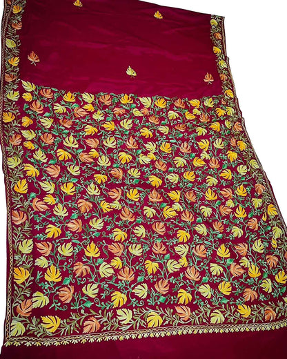 Red Kashmiri Embroidered Aari Work Crepe Saree - Luxurion World