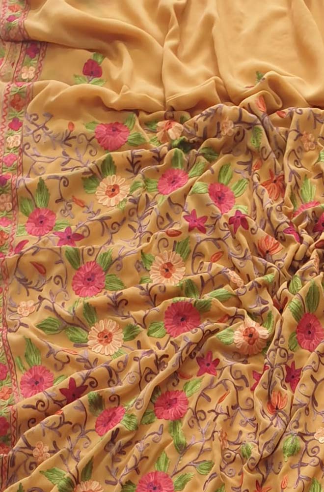 Yellow Embroidered Kashmiri Aari Work Georgette Floral Design Saree - Luxurion World