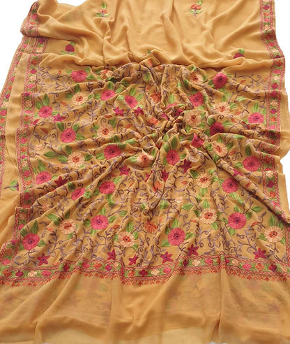 Yellow Embroidered Kashmiri Aari Work Georgette Floral Design Saree - Luxurion World