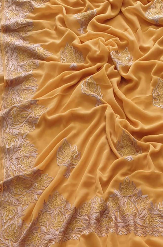 Yellow Embroidered Kashmiri Aari Work Georgette Saree - Luxurion World