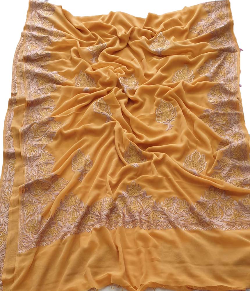 Yellow Embroidered Kashmiri Aari Work Georgette Saree - Luxurion World