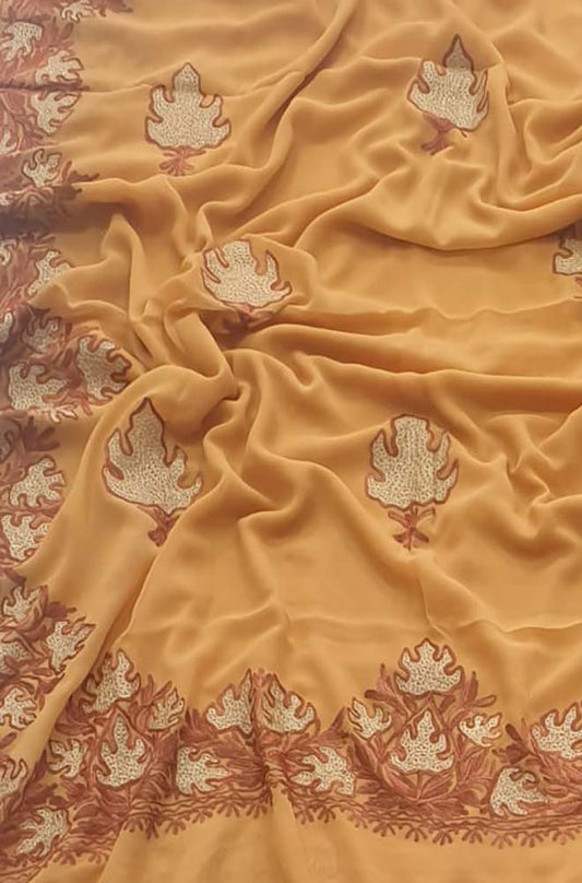 Yellow Embroidered Kashmiri Aari Work Georgette Saree - Luxurion World