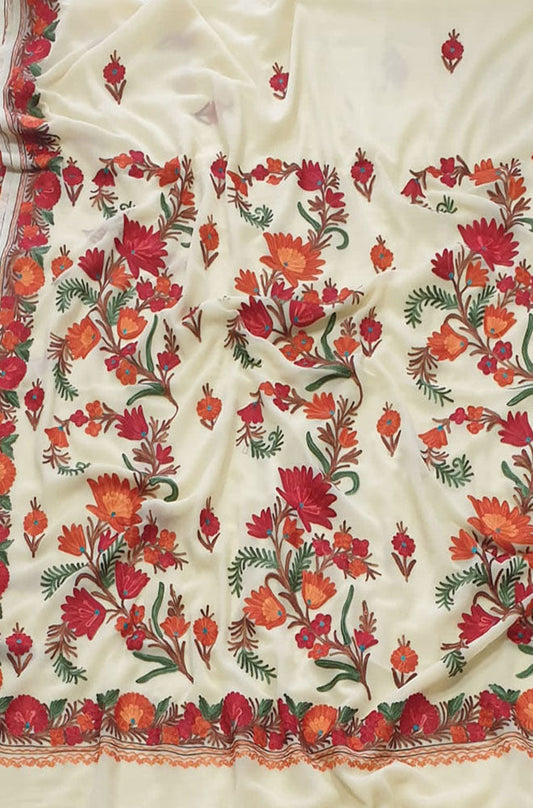 Yellow Embroidered Kashmiri Aari Work Georgette Flower Design Saree - Luxurion World