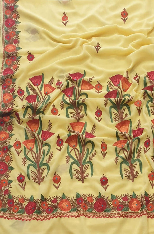 Yellow Embroidered Kashmiri Aari Work Georgette Flower Design Saree - Luxurion World