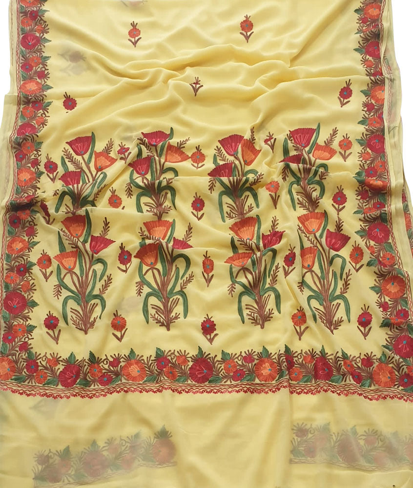 Yellow Embroidered Kashmiri Aari Work Georgette Flower Design Saree - Luxurion World