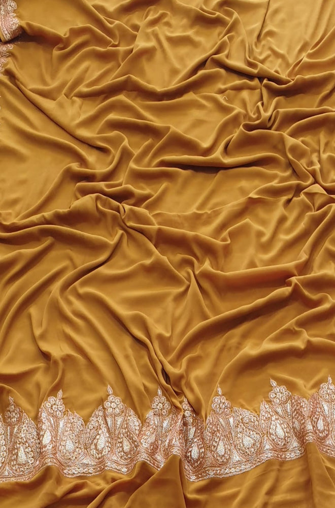 Yellow Plain Embroidered Kashmiri Tila Work Crepe Saree - Luxurion World