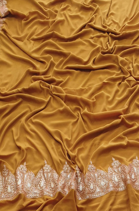 Yellow Plain Embroidered Kashmiri Tila Work Crepe Saree - Luxurion World