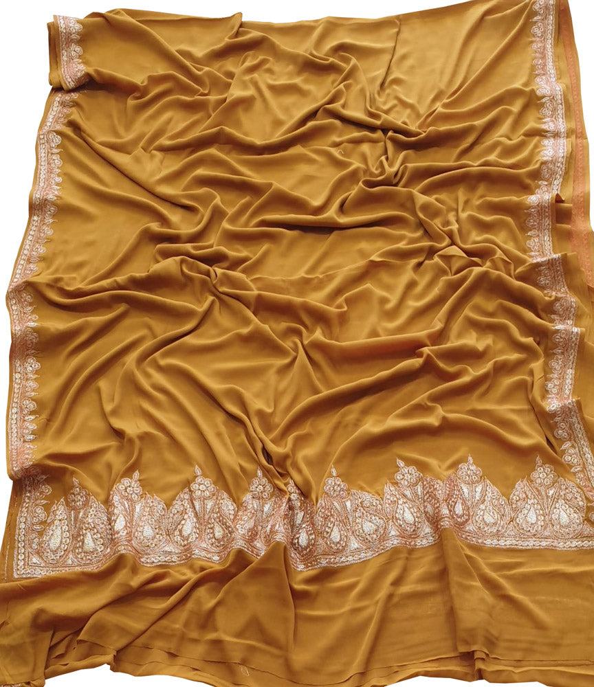 Yellow Plain Embroidered Kashmiri Tila Work Crepe Saree - Luxurionworld