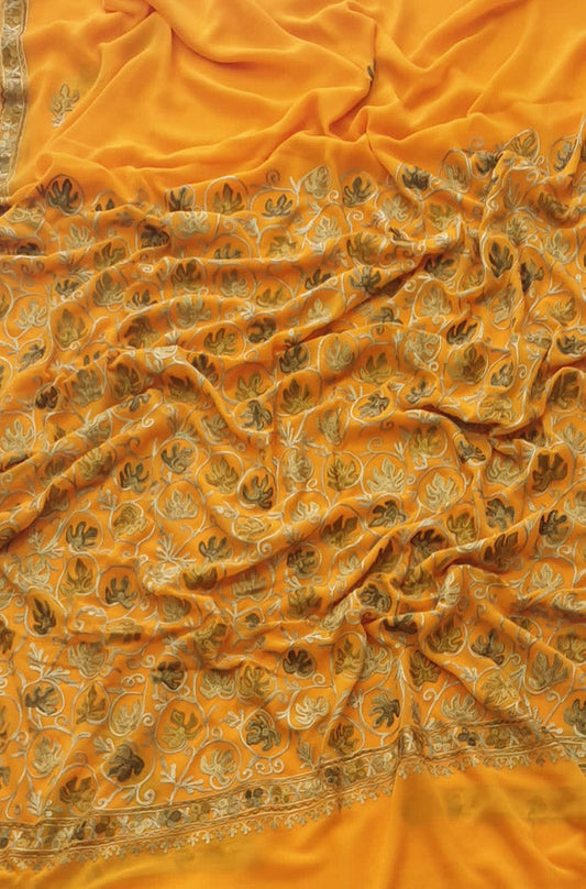 Yellow Embroidered Kashmiri Aari Work Georgette Saree - Luxurion World