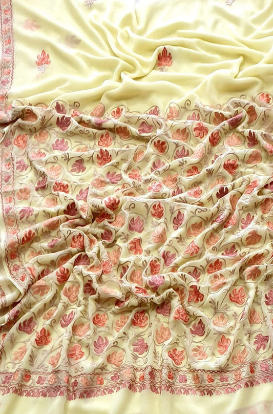 Yellow Embroidered Kashmiri Aari Work Georgette Saree - Luxurion World