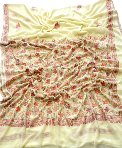 Yellow Embroidered Kashmiri Aari Work Georgette Saree - Luxurionworld