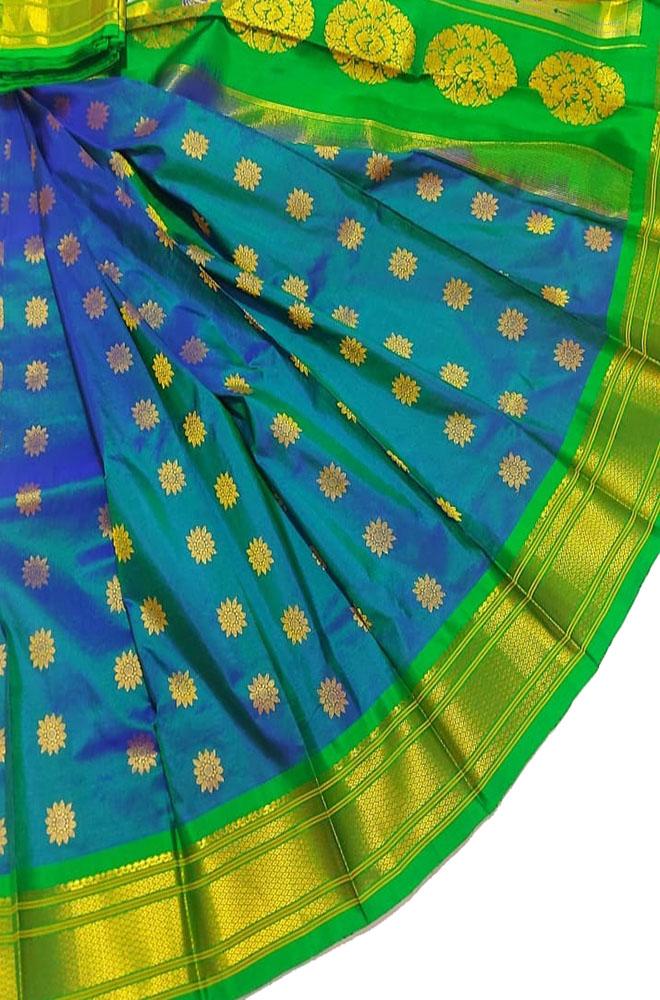 Blue And Green Shot Handloom Paithani Pure Silk Saree - Luxurion World