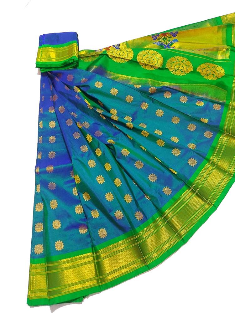 Blue And Green Shot Handloom Paithani Pure Silk Saree - Luxurion World