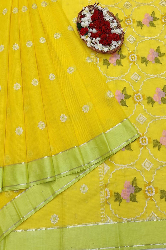 Yellow Handloom Kota Doria Real Zari Saree - Luxurion World