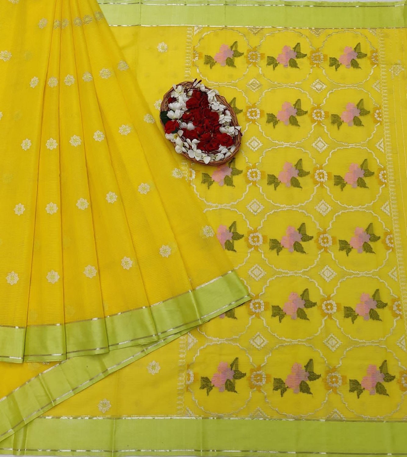 Yellow Handloom Kota Doria Real Zari Saree - Luxurion World