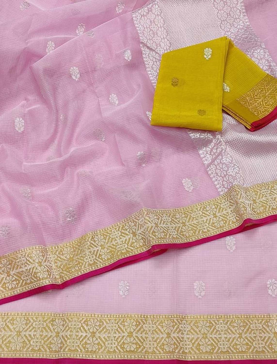 Shop Handloom Real Zari Pink Kota Doria Saree - Ethnic Wear Now!