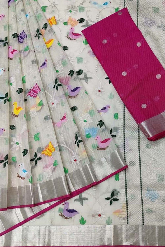 Shop Handloom Real Zari Saree - Off White Kota Doria - Ethnic Wear Now! - Luxurion World