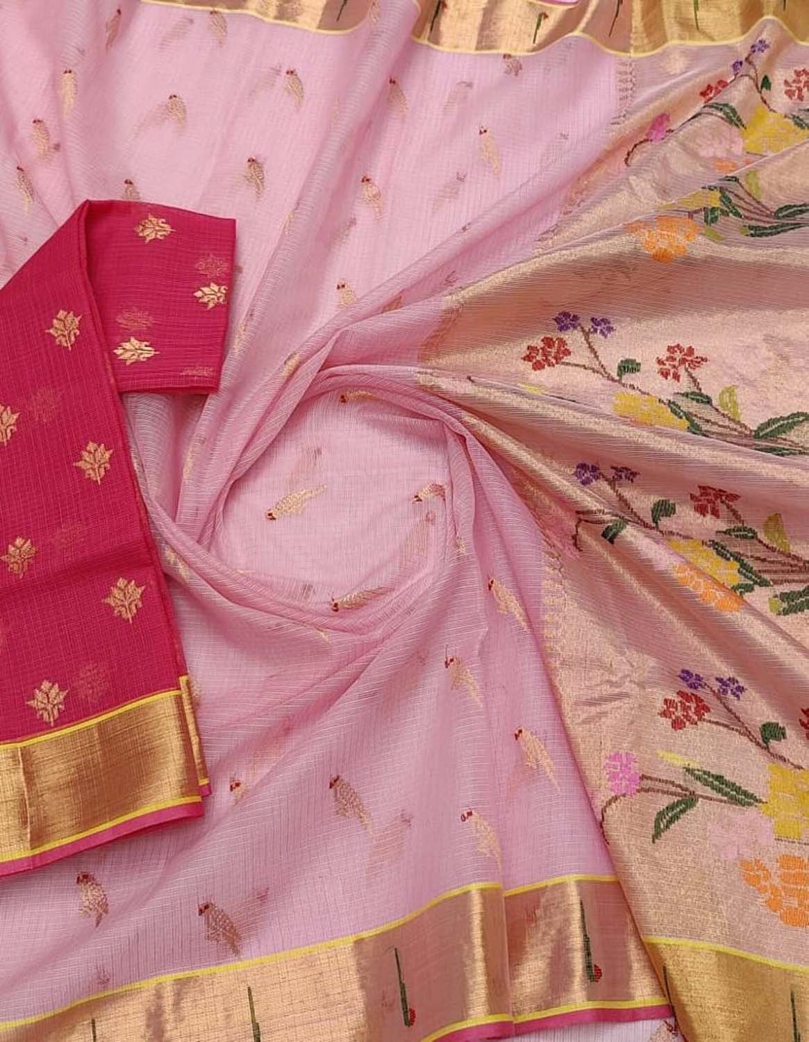 Shop Handloom Real Zari Pink Kota Doria Saree - Ethnic Wear Now! - Luxurion World