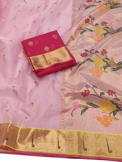 Shop Handloom Real Zari Pink Kota Doria Saree - Ethnic Wear Now!