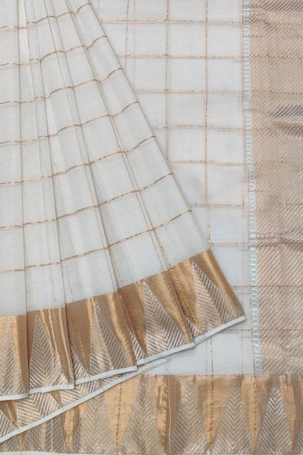 Shop Handloom Real Zari Saree - Off White Kota Doria - Ethnic Wear - Luxurion World