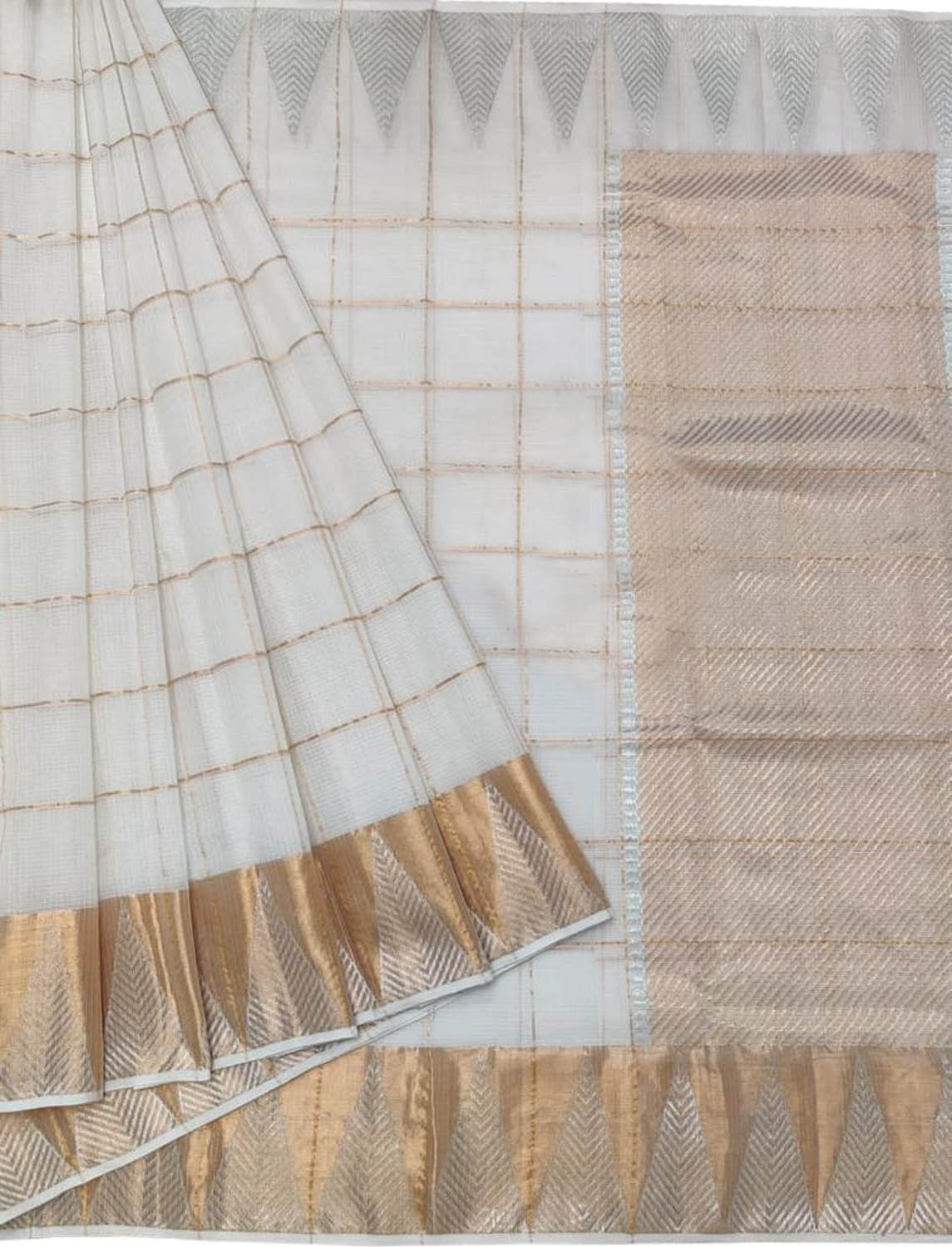 Shop Handloom Real Zari Saree - Off White Kota Doria - Ethnic Wear - Luxurion World