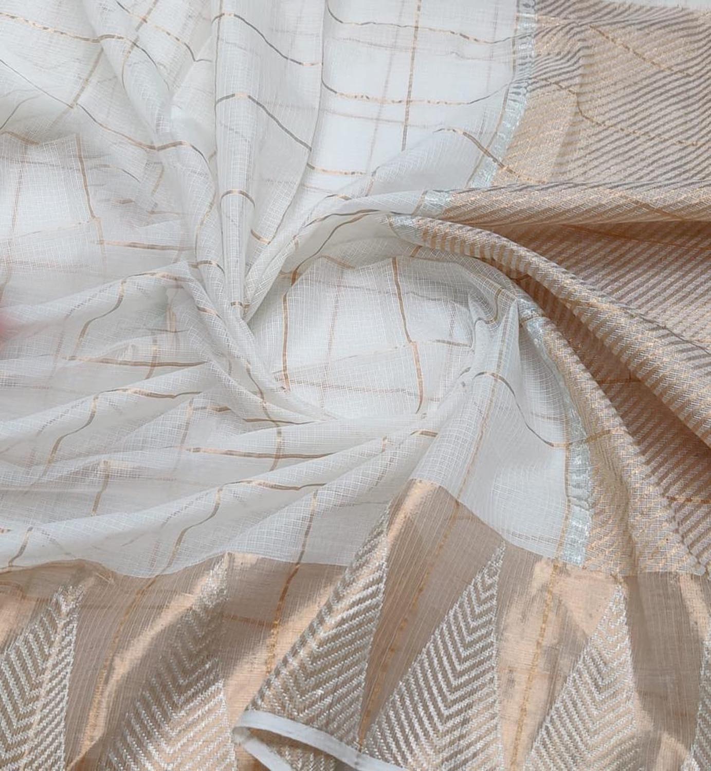 Shop Handloom Real Zari Saree - Off White Kota Doria - Ethnic Wear - Luxurion World
