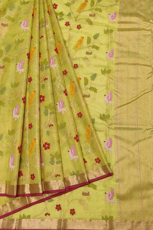 Shop Handloom Real Zari Tissue Saree: Green & Yellow with Flower Design