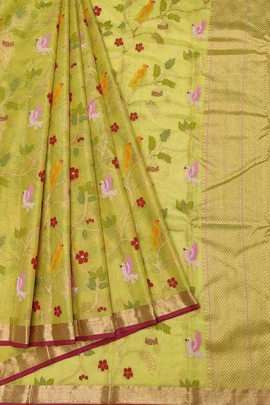 Shop Handloom Real Zari Tissue Saree: Green & Yellow with Flower Design - Luxurion World