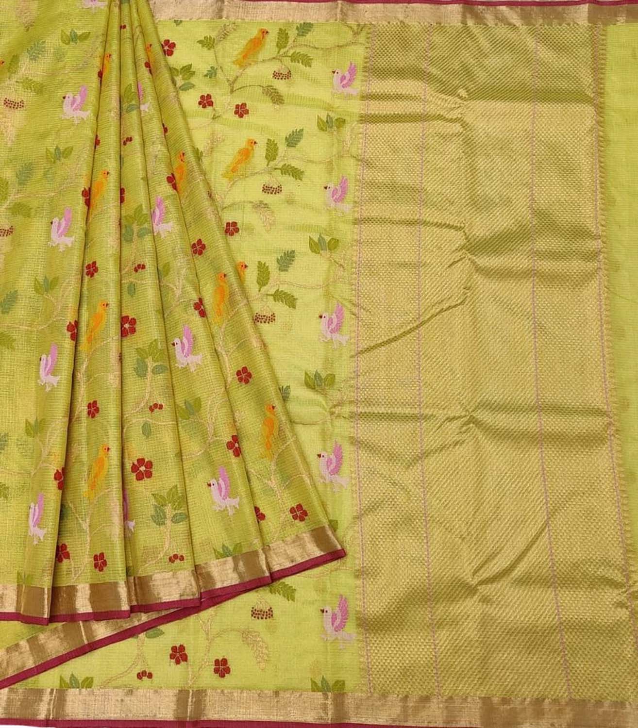 Handloom Real Zari Tissue Saree: Green & Yellow with Flower Design