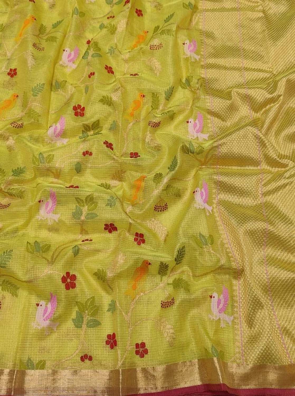 Shop Handloom Real Zari Tissue Saree: Green & Yellow with Flower Design