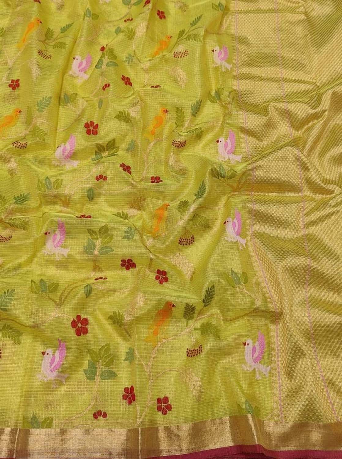 Shop Handloom Real Zari Tissue Saree: Green & Yellow with Flower Design - Luxurion World