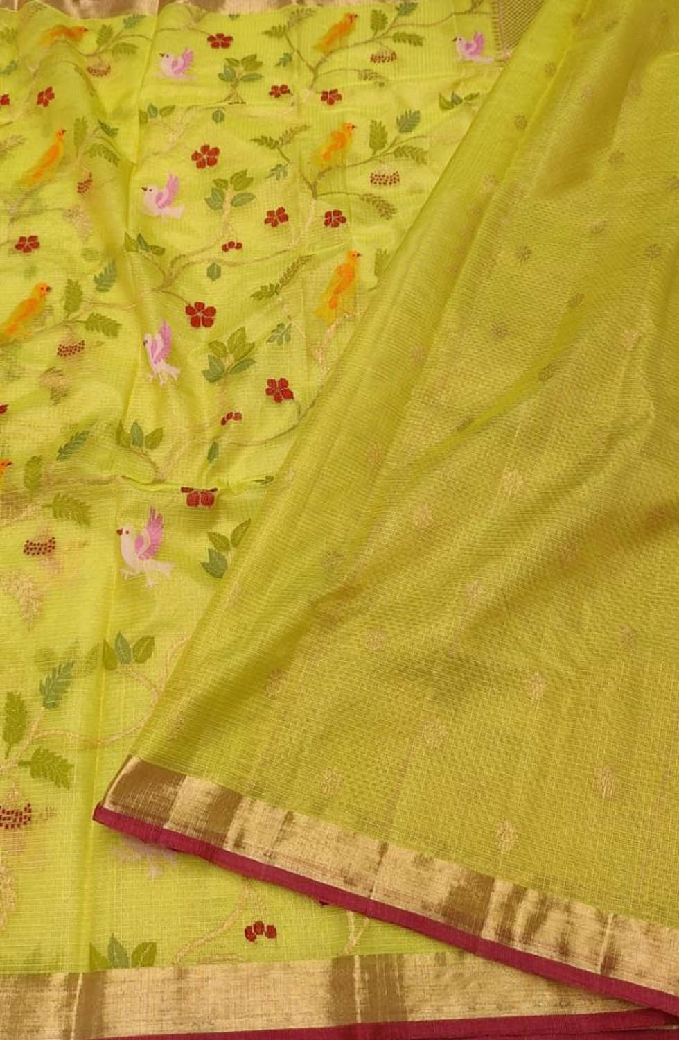 Shop Handloom Real Zari Tissue Saree: Green & Yellow with Flower Design - Luxurion World