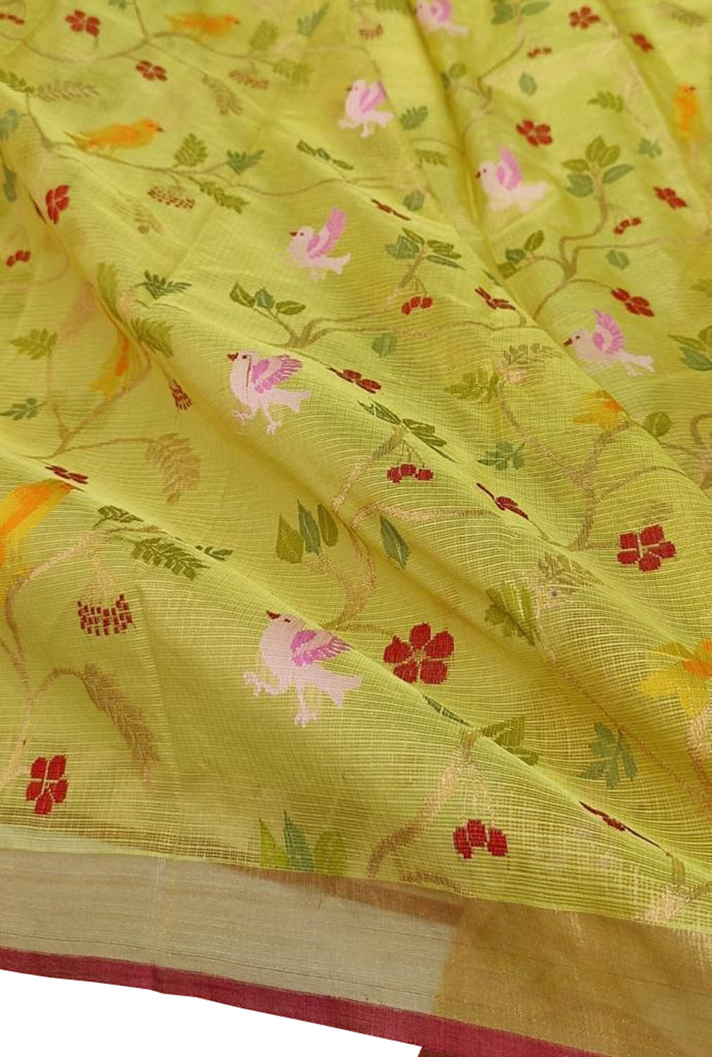 Shop Handloom Real Zari Tissue Saree: Green & Yellow with Flower Design - Luxurion World