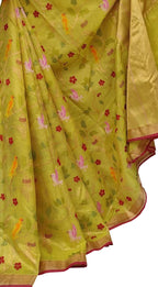 Shop Handloom Real Zari Tissue Saree: Green & Yellow with Flower Design - Luxurion World