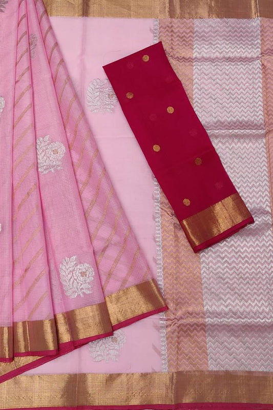 Stunning Pink Handloom Kota Doria Saree with Real Zari Detailing - Luxurion World