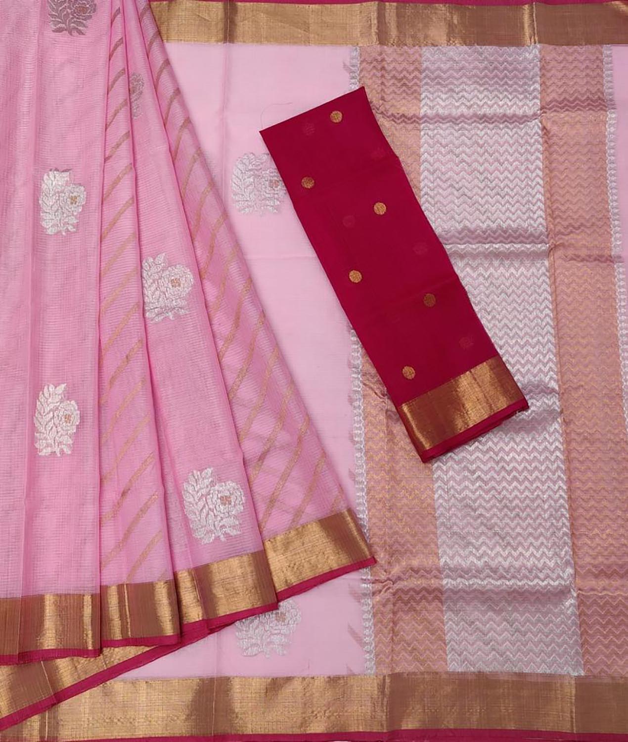 Stunning Pink Handloom Kota Doria Saree with Real Zari Detailing - Luxurion World