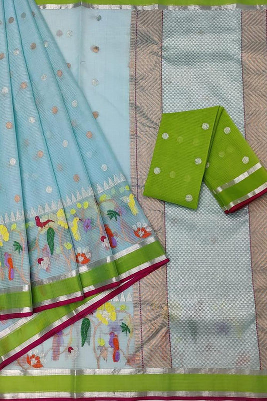 Stunning Blue Handloom Kota Doria Saree with Real Zari Detailing - Luxurion World