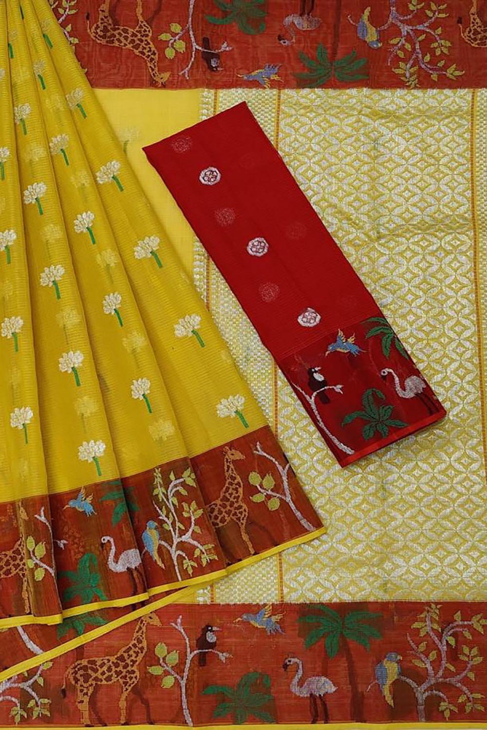 Stunning Yellow Handloom Kota Doria Saree with Real Zari Embellishments - Luxurion World