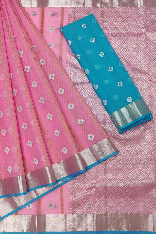 Stunning Pink Handloom Kota Doria Saree with Real Zari Detailing - Luxurion World