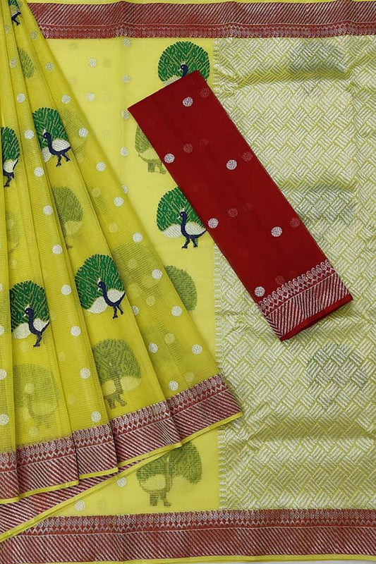 Stunning Yellow Handloom Kota Doria Saree with Real Zari Detailing - Luxurion World